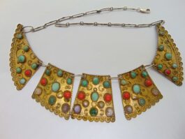 Colier etnic din argint aurit cu turcoaz, coral si quartz roz