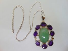 Lant si pandantiv mare din argint cu jad, ametist si citrin